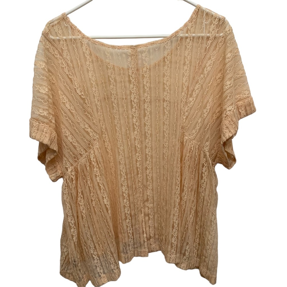 Free People Sheer Lace Boho Blouse Peach Boxy Top Large Romantic Festival - Picture 9 of 13